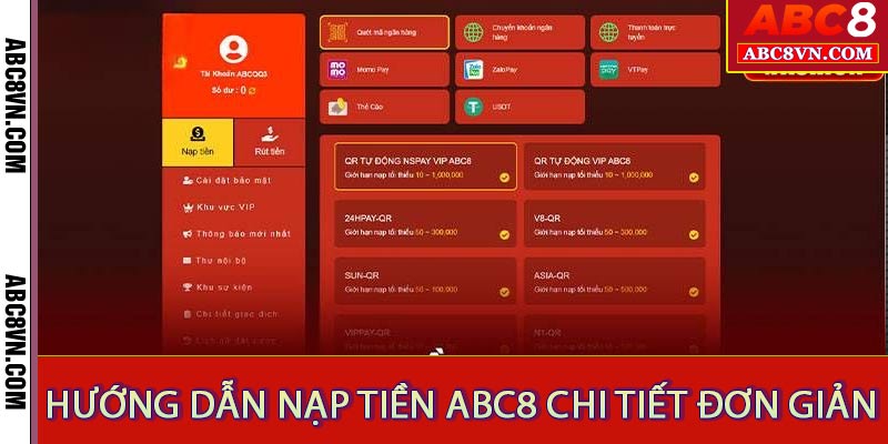 Hướng dẫn nạp tiền abc8 theo từng phương thức thanh toán